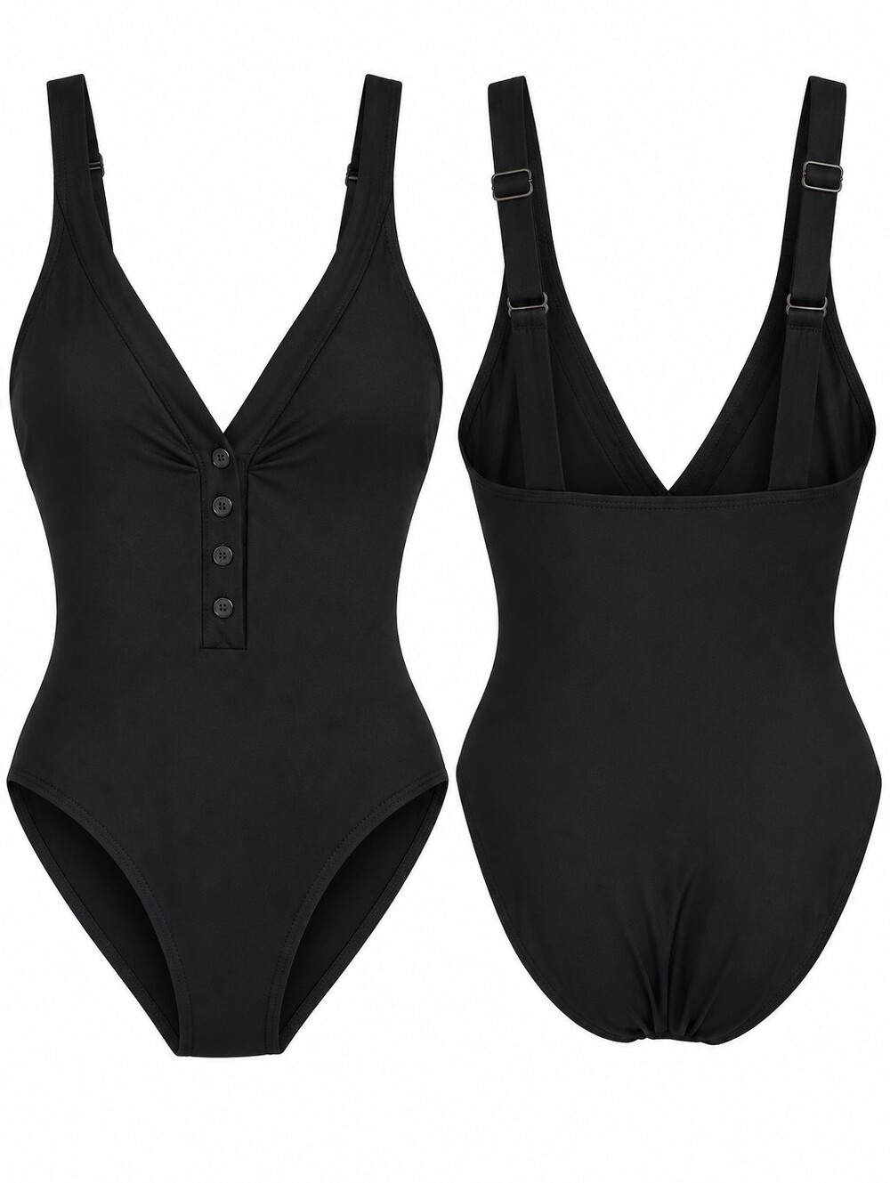 NWT Andie Black Plunge V Neck Button Front One Piece Swimsuit M Beach Cruise